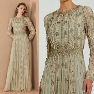 Mac Duggal NEW Embellished Mesh Long Sleeve A Line Gown Nude Sage $1,798 Size 10
